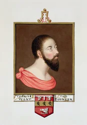 Portrét sira Thomase Wyatta mladšího (asi 1521-54) z knihy "Memoirs of the Court of the Queen Elizabeth", vydané v roce 1825 (kvaš a čb na papíře)